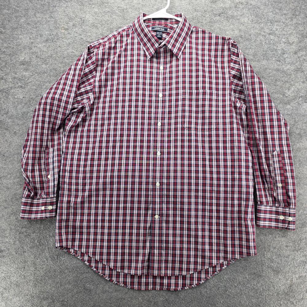 Lands' End Shirt Mens 16.5-33 Red Blue Plaid No Iron Supima Pinpoint Button Down
